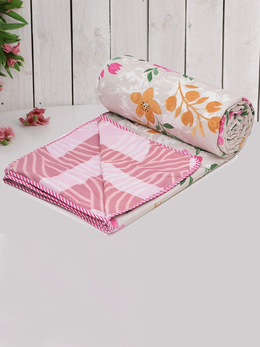 RRC Beige Floral Microfiber Cotton Lightweight AC Room 120 GSM Reversible Single Bed Dohar-image-34