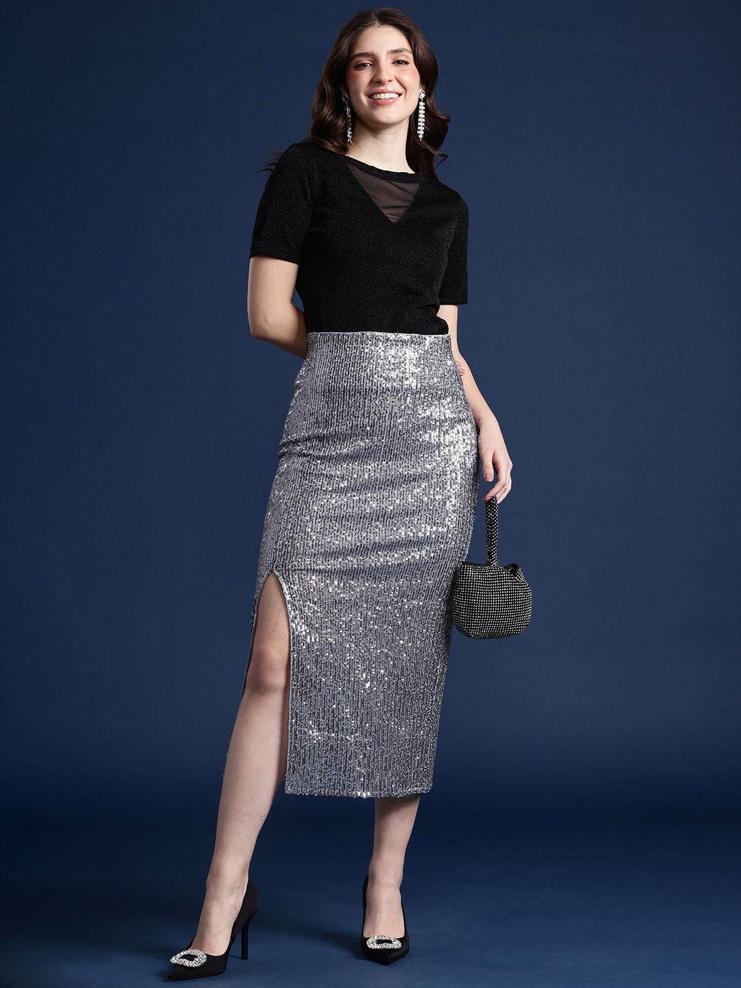 Mast & Harbour Embellished Sequinned Pencil Midi Skirt with Side Slit view 3