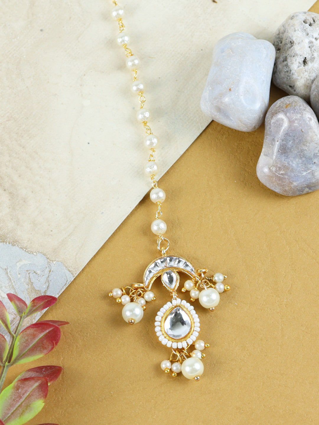 Asthetika Kids Girls Gold-Plated Kundan Stone Studded & Pearl Beaded Maangtikka-image-29