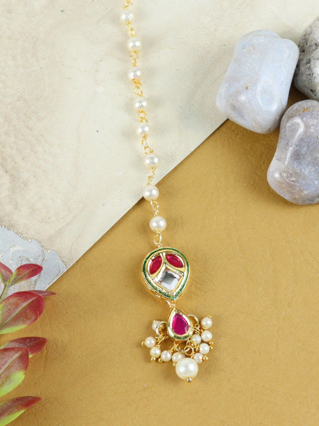 Asthetika Kids Girls Gold-Plated Kundan Stone Studded & Pearl Beaded Maangtikka-picture-36