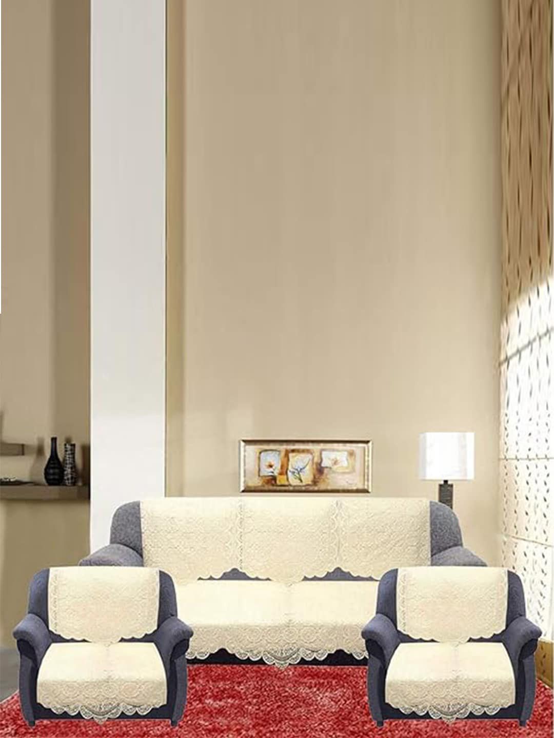 Kuber Industries Dream Cream 10 Pcs Floral Waterproof & Flexible 5-Seater Sofa Cover-image-34