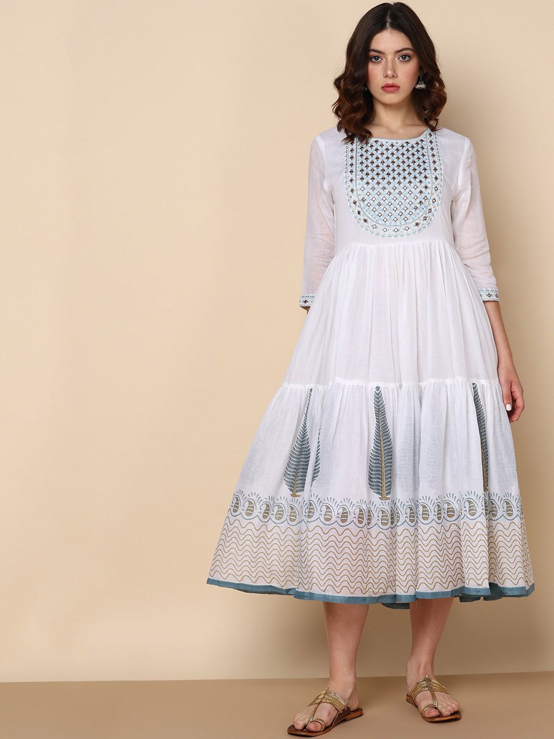Maaesa Ethnic Motifs Printed Cotton Fit & Flare Ethnic Dress with Dupatta-image-29
