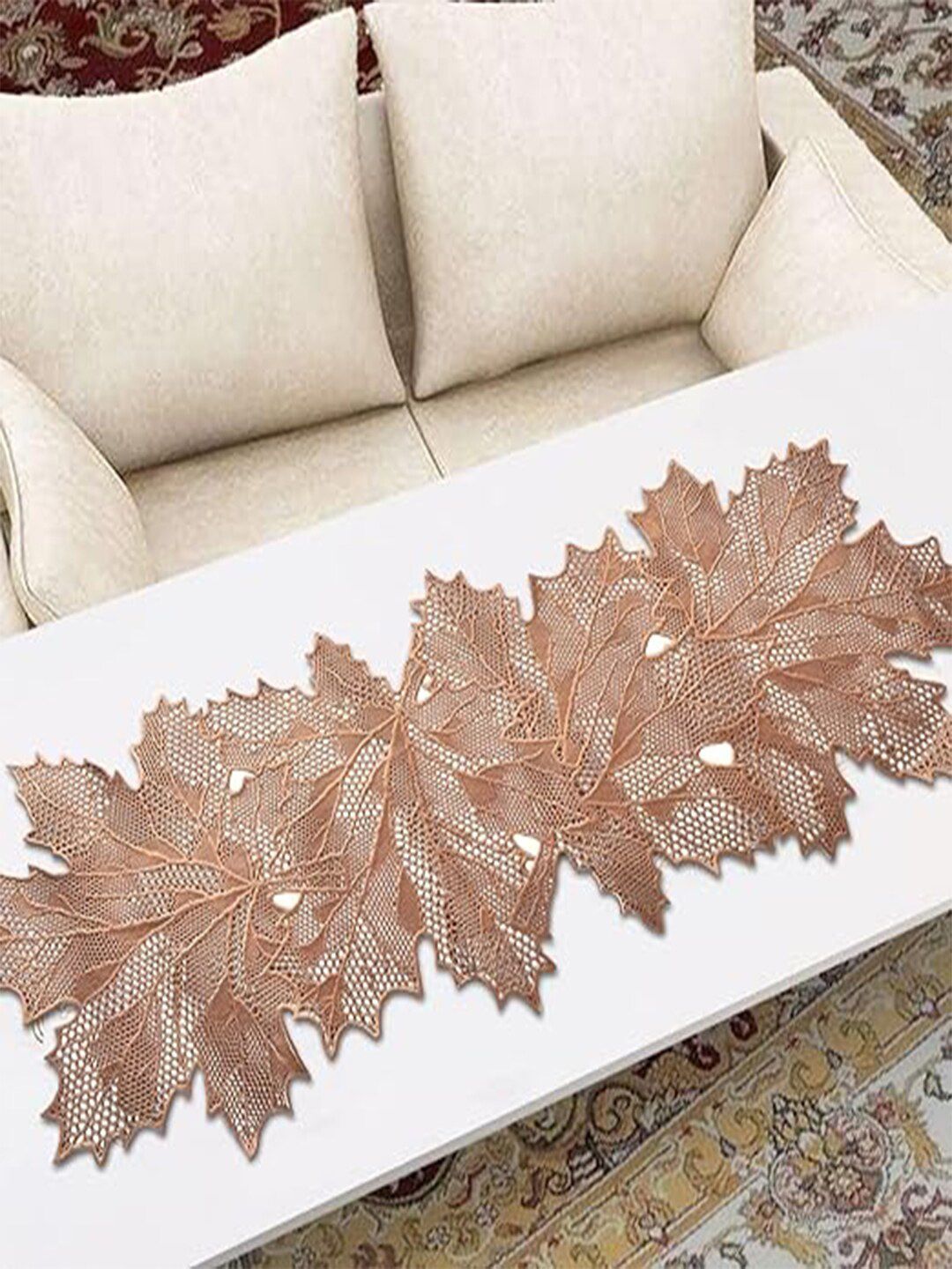 Kuber Industries Copper-Toned Leaf Design Table Runner