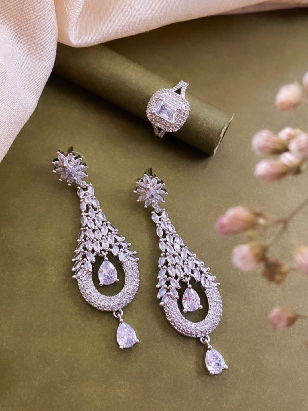 ATIBELLE Set Of 2 Silver-Plated Cubic Zirconia Stone Studded Jewellery Set
