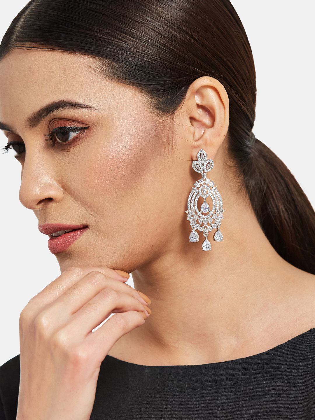 ATIBELLE Silver-Plated Cubic Zirconia Studded Floral Shaped Ring-Earrings