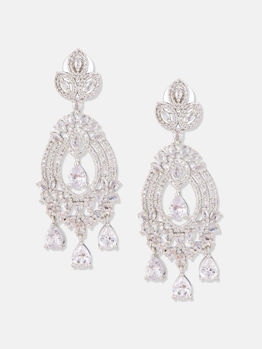 ATIBELLE Silver-Plated Cubic Zirconia Studded Floral Shaped Ring-Earrings