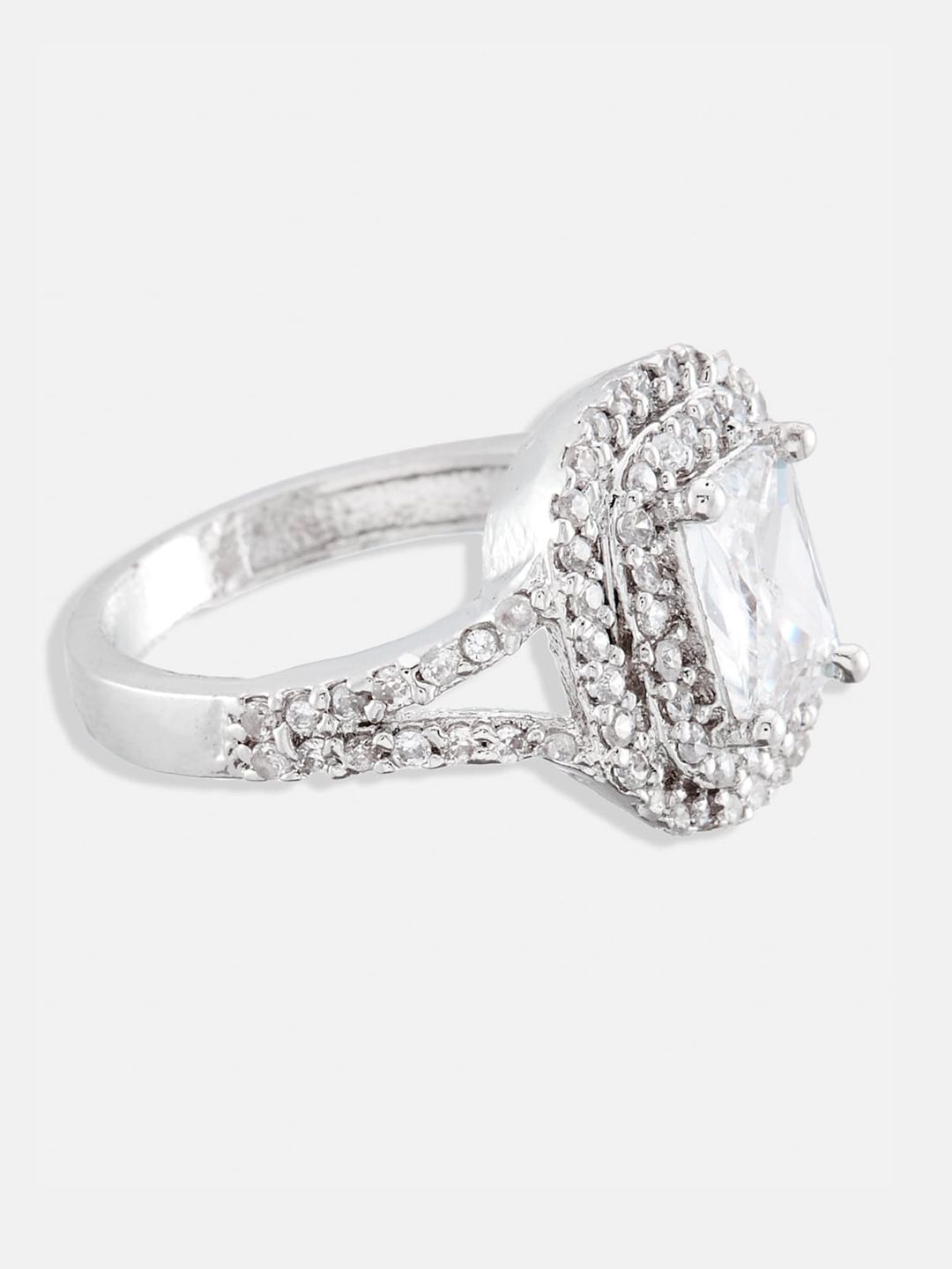 ATIBELLE Silver-Plated Cubic Zirconia Studded Floral Shaped Ring-Earrings