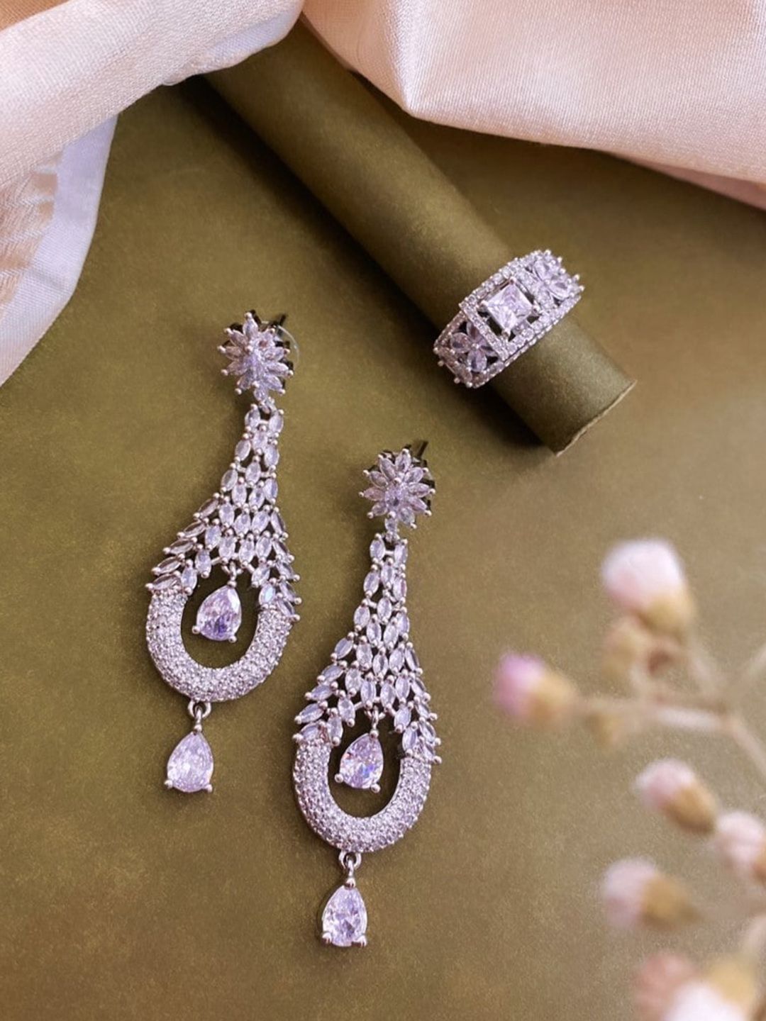 ATIBELLE Silver-Plated Cubic Zirconia Studded Earrings & Finger Ring