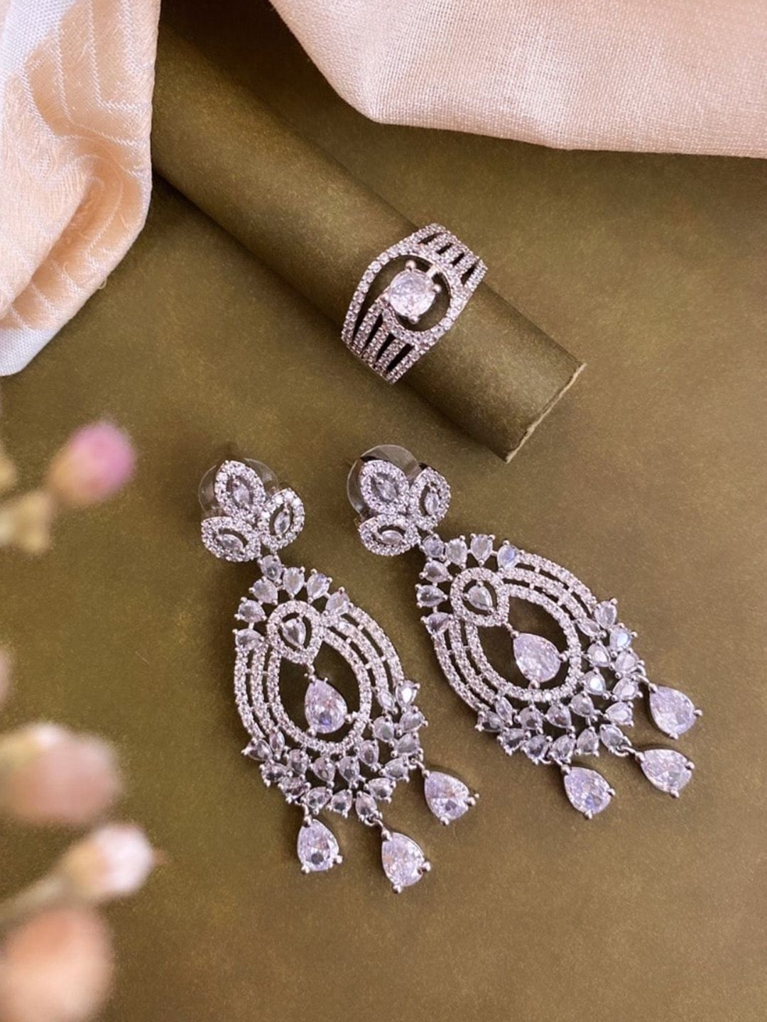 ATIBELLE Silver-Plated Cubic Zirconia Studded Earrings & Finger Ring