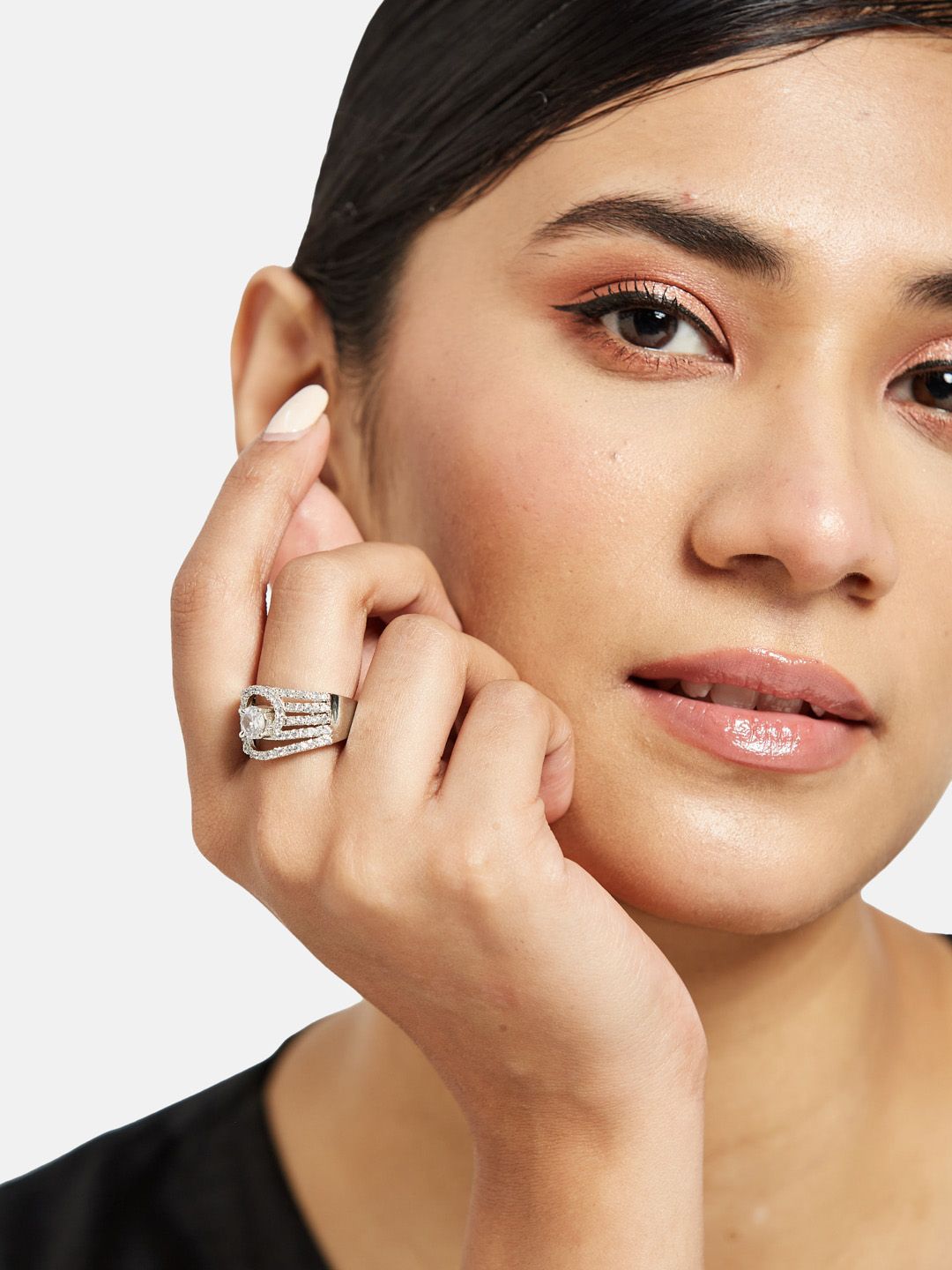 ATIBELLE Silver-Plated Cubic Zirconia Studded Earrings & Finger Ring