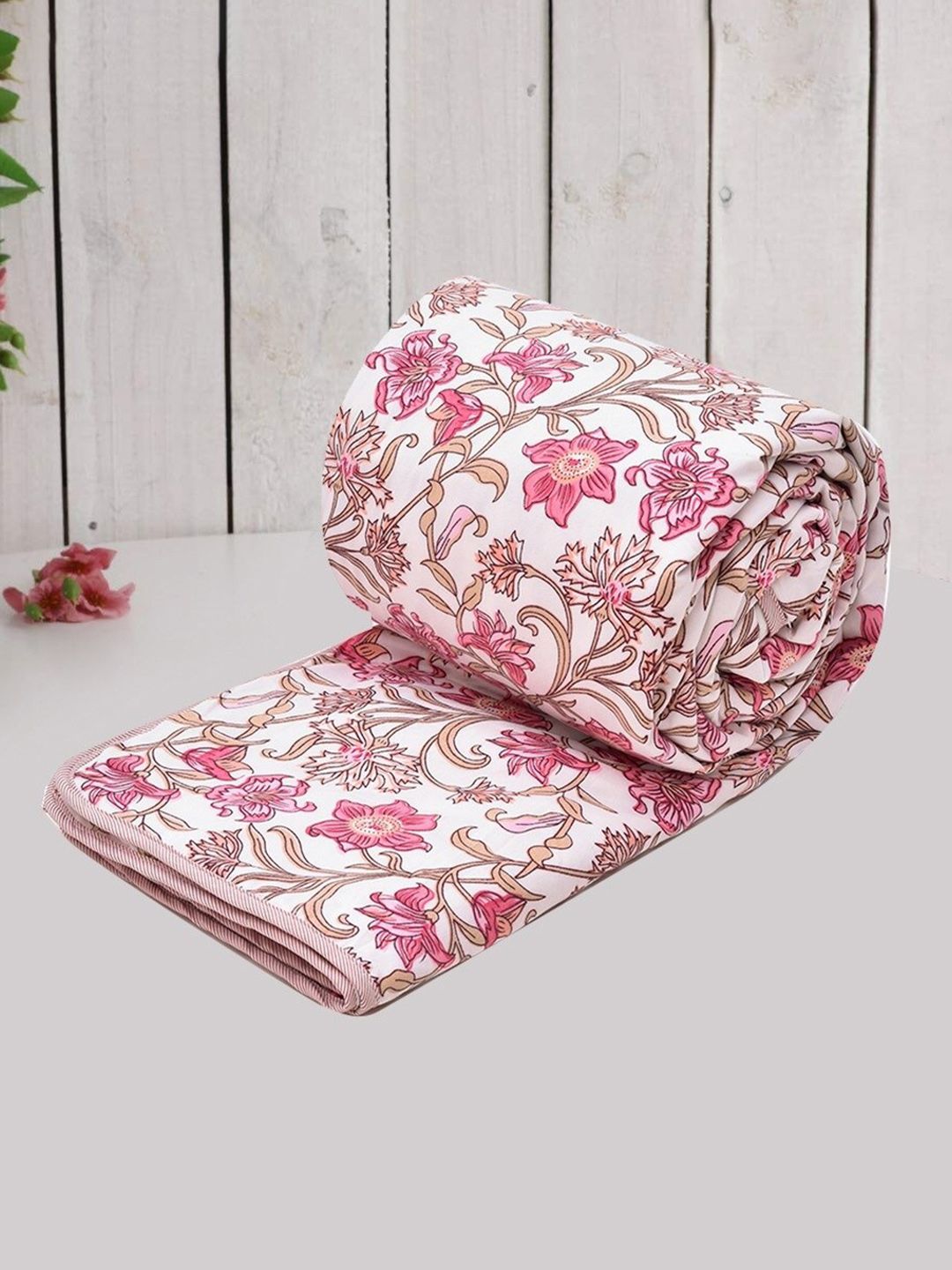 RRC White & Pink Ethnic Motifs Pure Cotton Reversible AC Room 120 GSM Double Bed Dohar-image-11