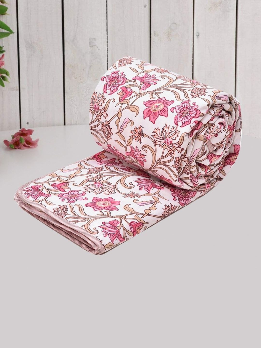 RRC White & Pink Floral AC Room 120 GSM Single Bed Dohar