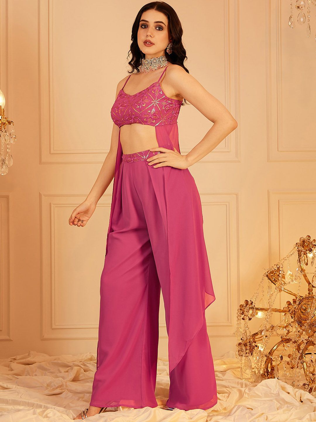 indo street Sleeveless Shoulder Straps Embellished Crop Top & Palazzos