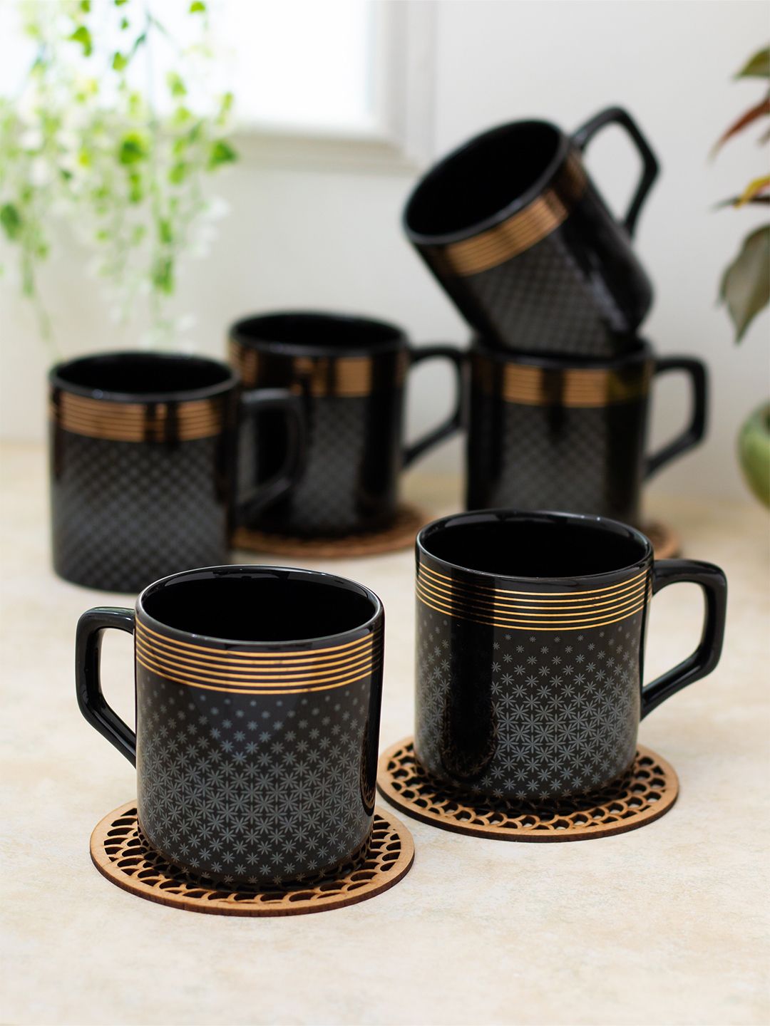 CLAY CRAFT Black 6 Pieces Printed Ceramic Glossy Mugs 220 ML Each-picture-33