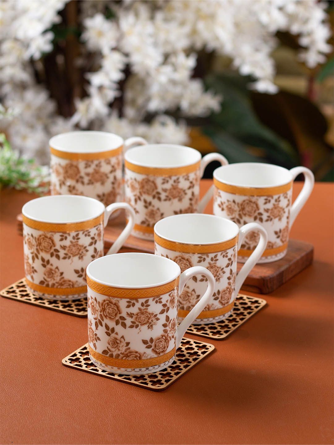 CLAY CRAFT White & Yellow 6 Pieces Printed Ceramic Glossy Cups 210 ml Each-picture-18
