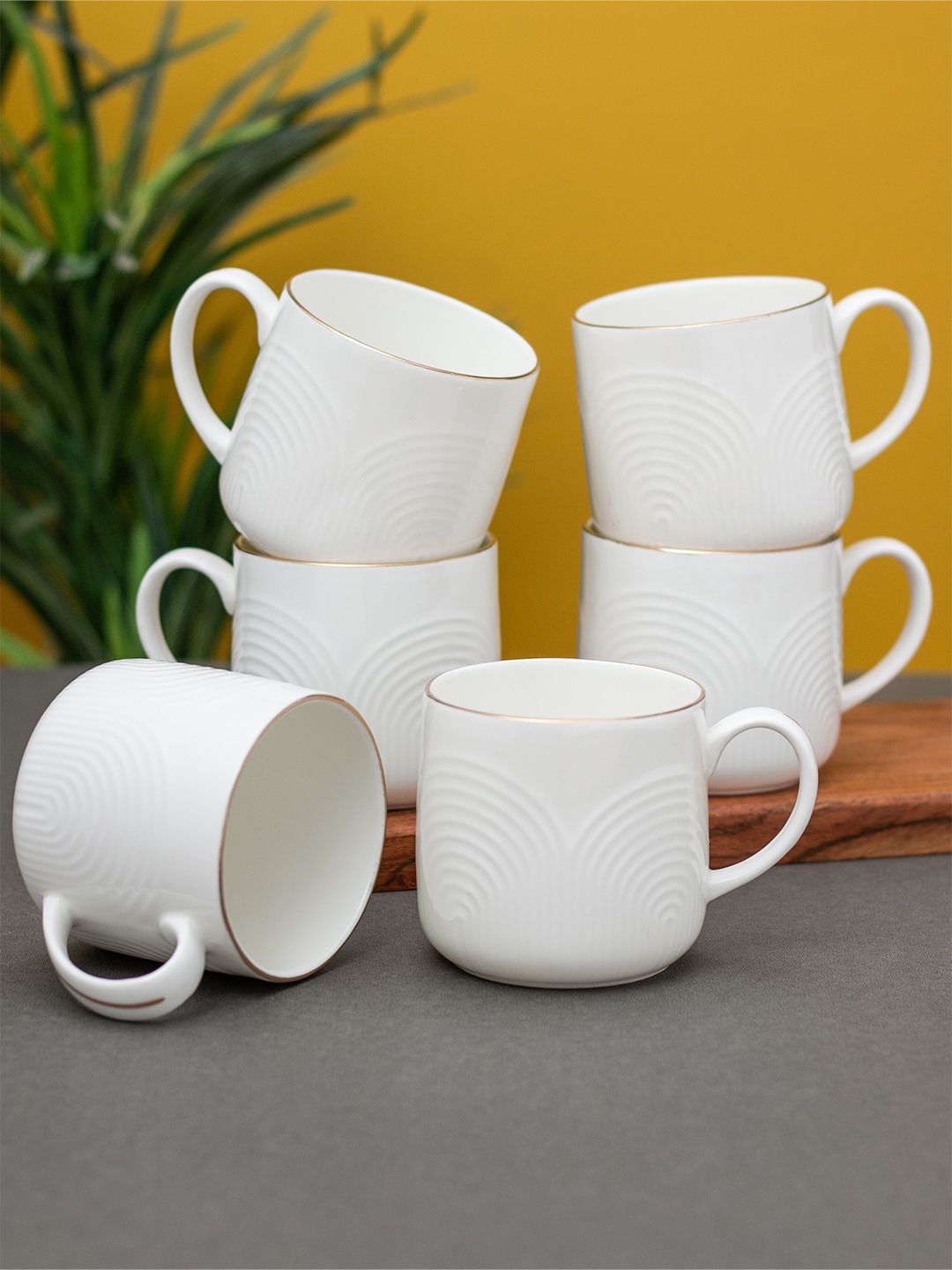CLAY CRAFT White & Gold-Toned  6 Pieces Textured Ceramic Glossy Cups 220 ml Each-picture-25
