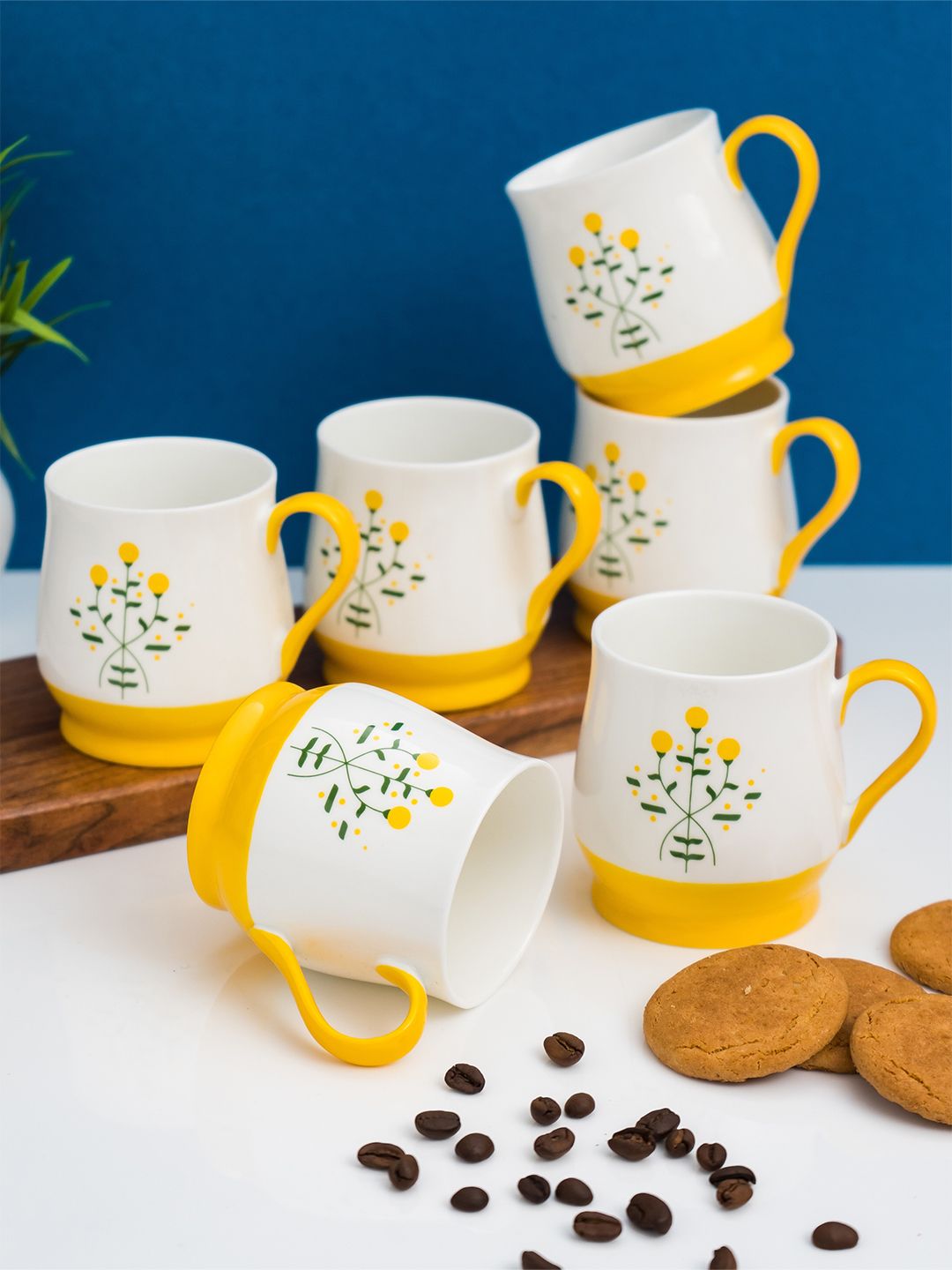 CLAY CRAFT 6 Pcs White & Yellow Printed Ceramic Glossy - 210 ML Each-image-18