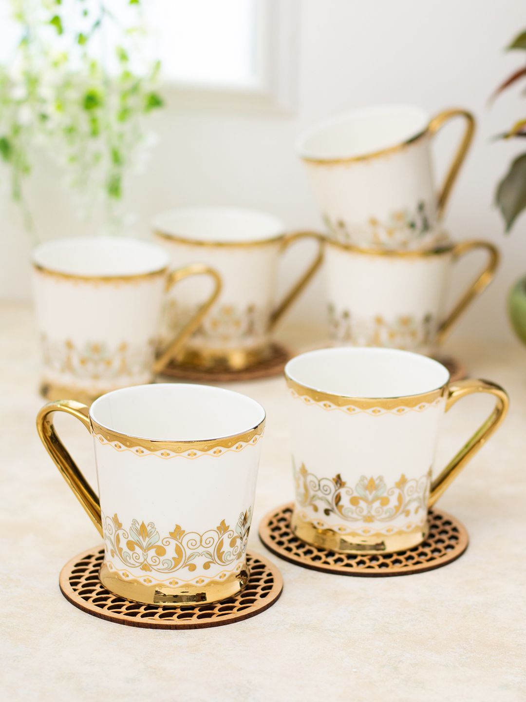 CLAY CRAFT 6 Pcs White & Gold-Toned Floral Printed Ceramic Glossy Cups - 180 ML Each-picture-35