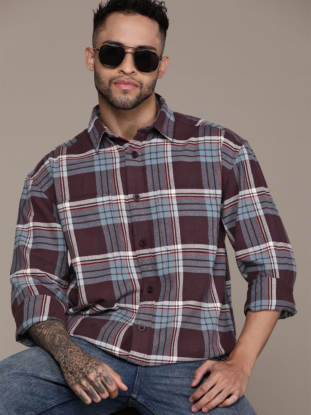 The Roadster Lifestyle Co. Checked Relaxed Fit Pure Cotton Shirt