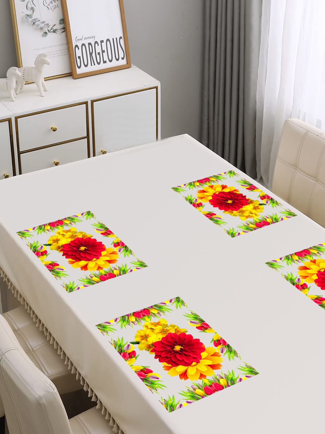 Dakshya Industries Blossom Red & Yellow 4 Pieces Floral Printed Waterproof Table Placemats-picture-36