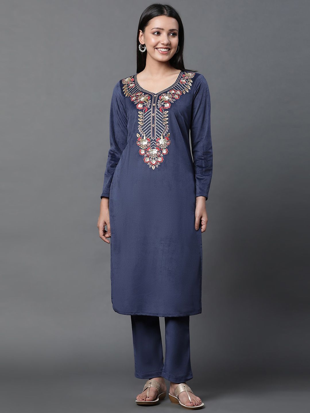 AURELIA Floral Yoke Design Thread Work Kurta with Trousers