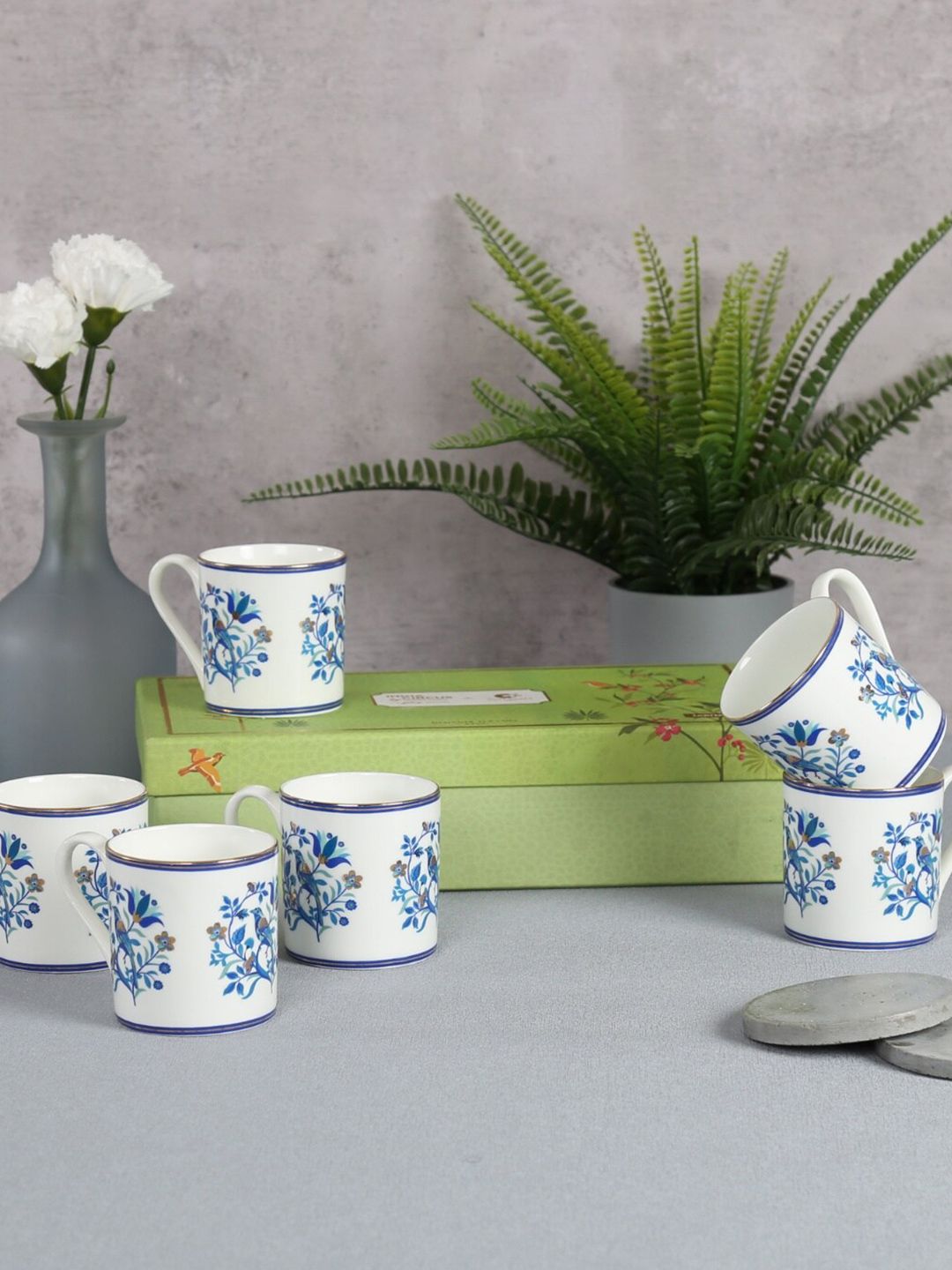 India Circus White & Blue 6 Pieces Printed Bone China Glossy Mugs 220ml each-image-17