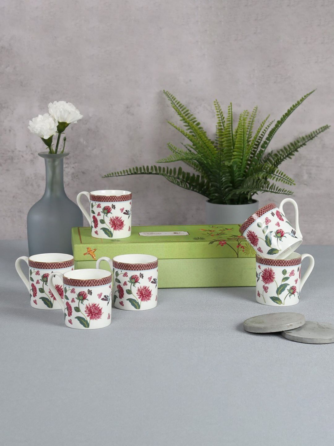 India Circus 6 Pcs White & Red Floral Printed Bone China Glossy Coffee Cups - 220 ML Each-image-35
