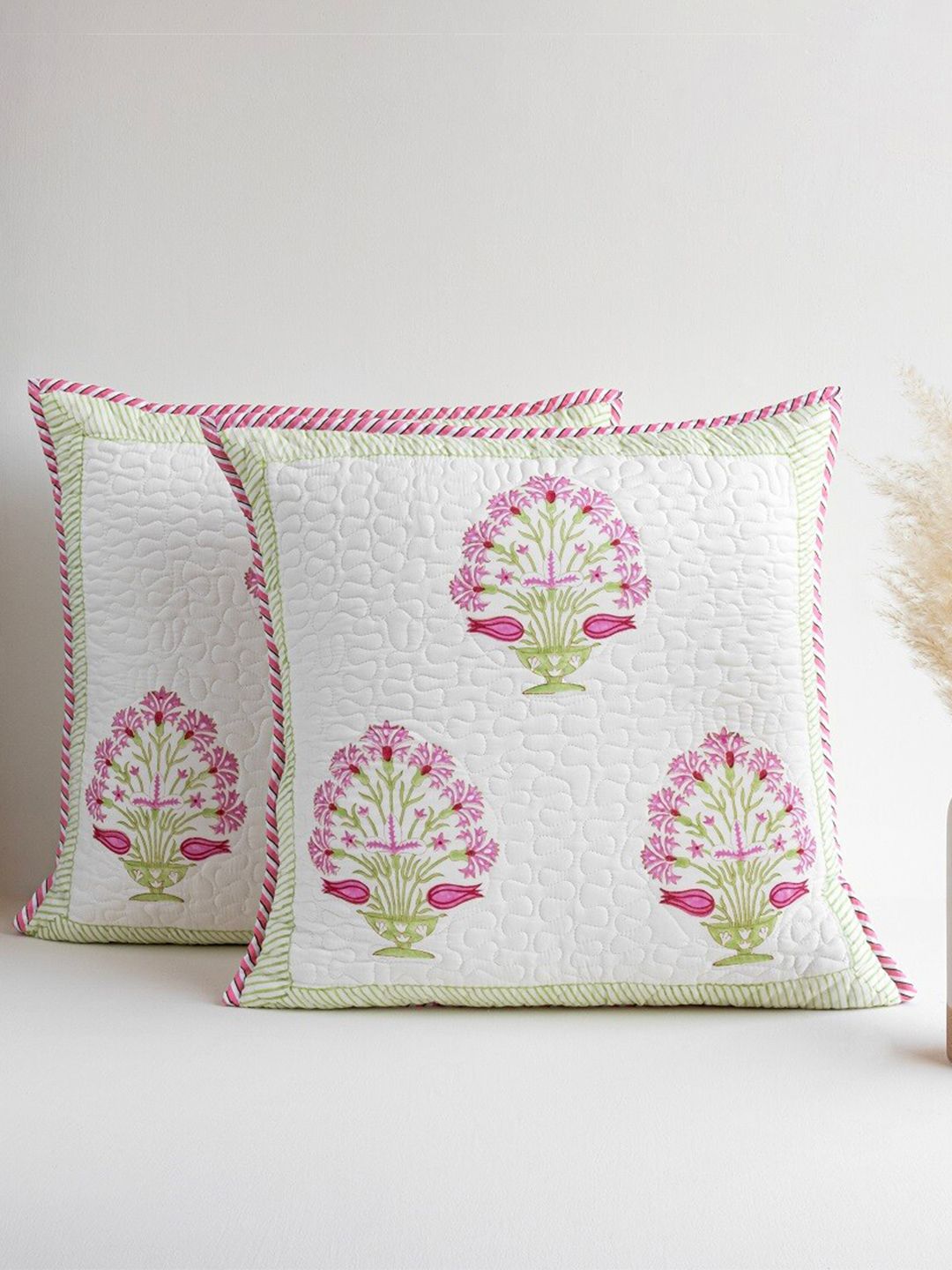HOMEMONDE Pink & White 2 Pieces Floral Cotton Square Cushion Covers-picture-5