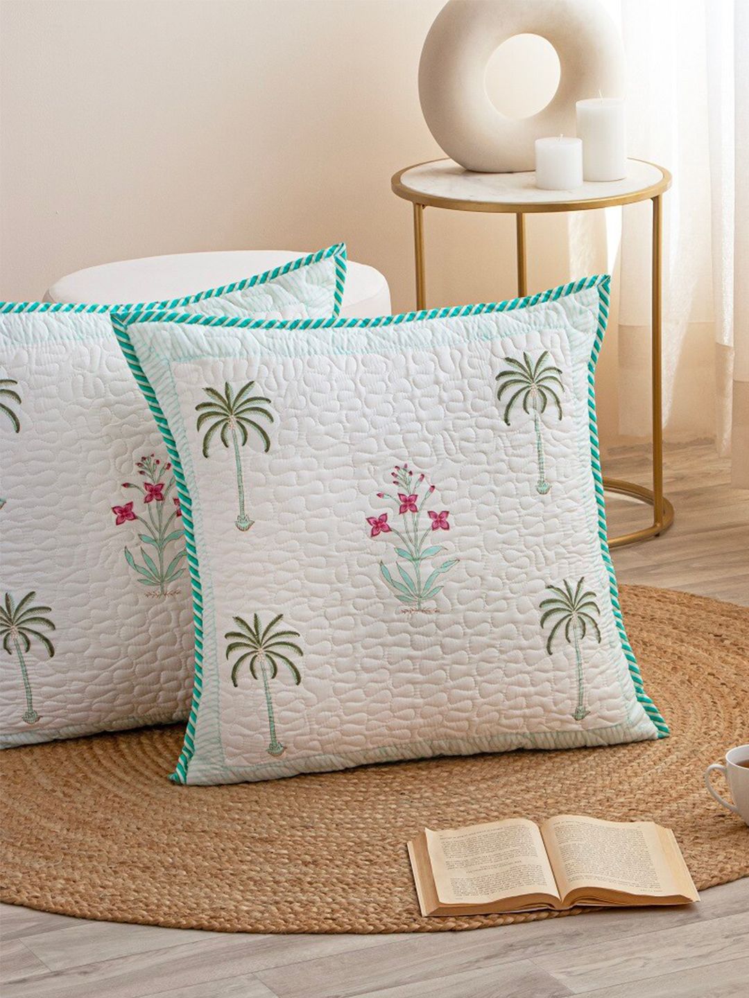 HOMEMONDE Green & White 2 Pieces Floral Cotton Square Cushion Covers-picture-24