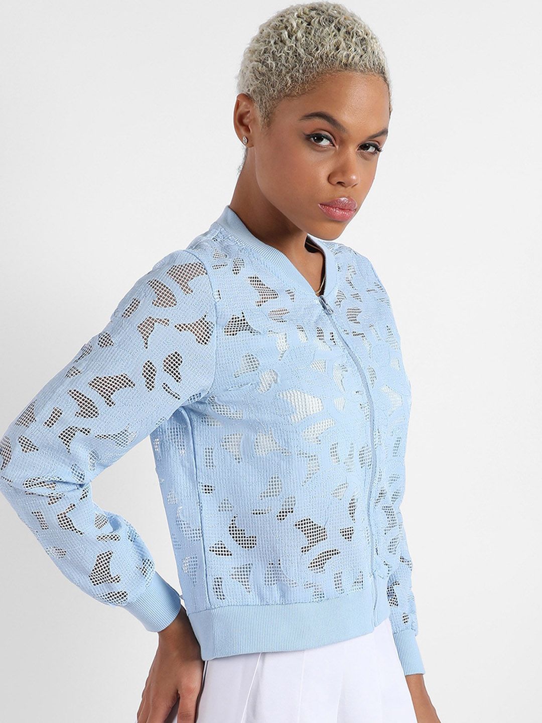 Campus Sutra Blue Self Design Henley Neck Windcheater Crop Bomber Jacket-picture-24