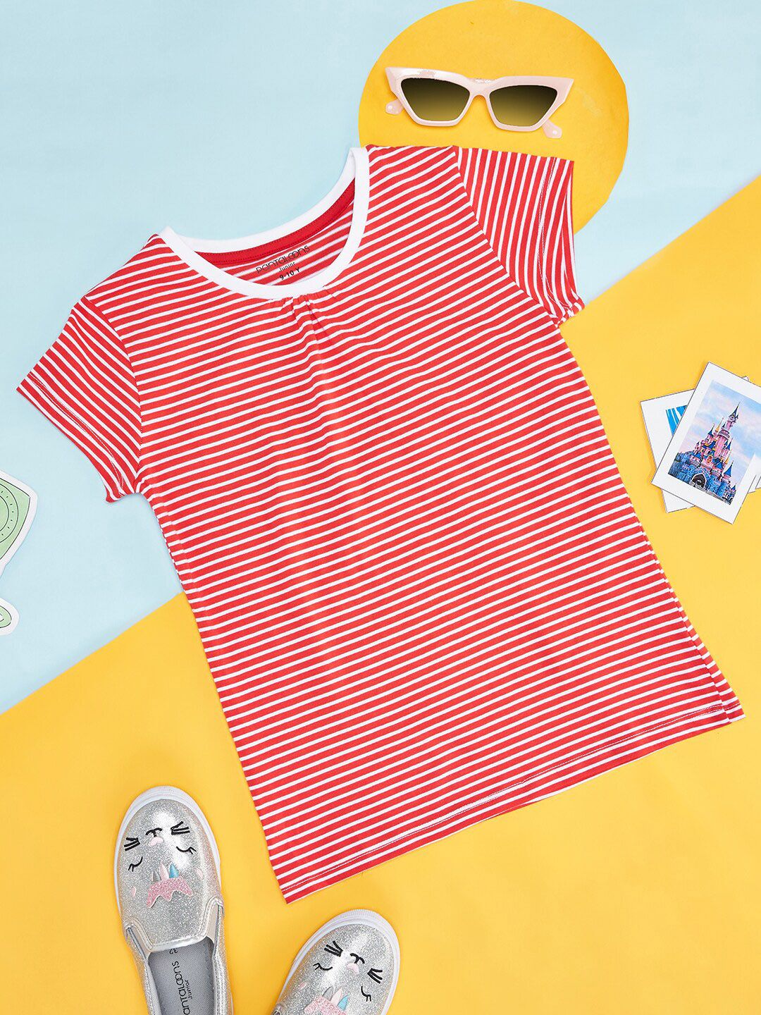 Pantaloons Junior Girls Striped Cap Sleeve Cotton Casual T-shirt-picture-41