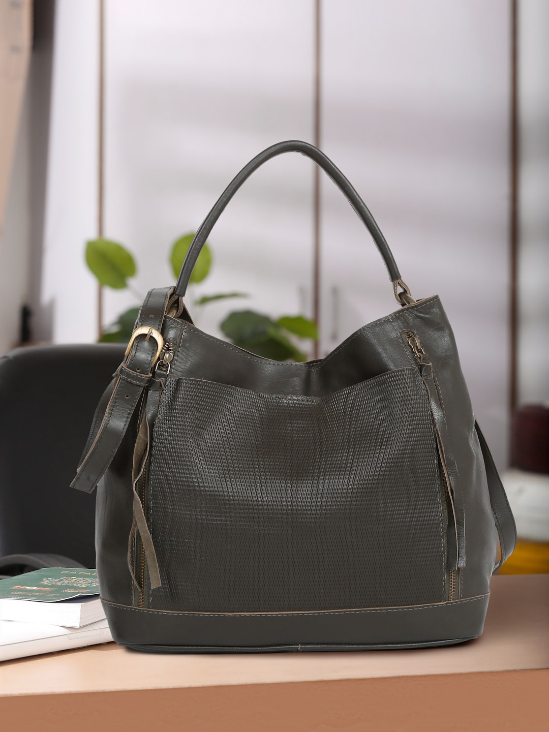 Suvaska Olive Green Leather Shopper Shoulder Bag