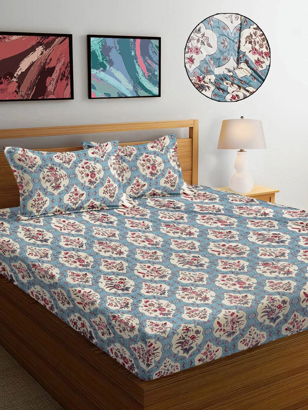 FABINALIV Blue & White Floral 300 TC Fitted King Bedsheet With 2 Pillow Covers-image-17