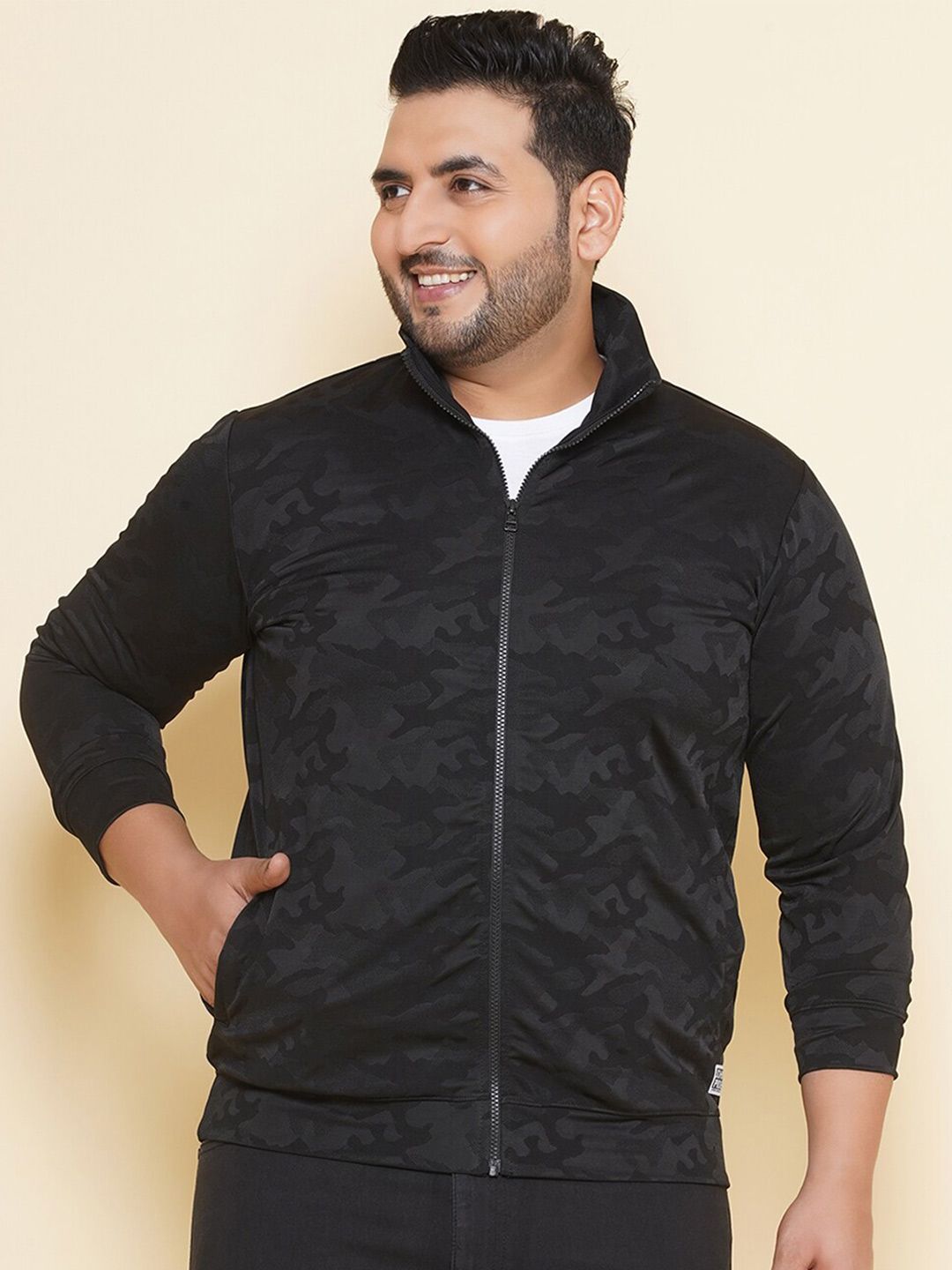 John Pride Plus Size Camouflage Printed Mock Collar Front Open Sweatshirt-picture-38