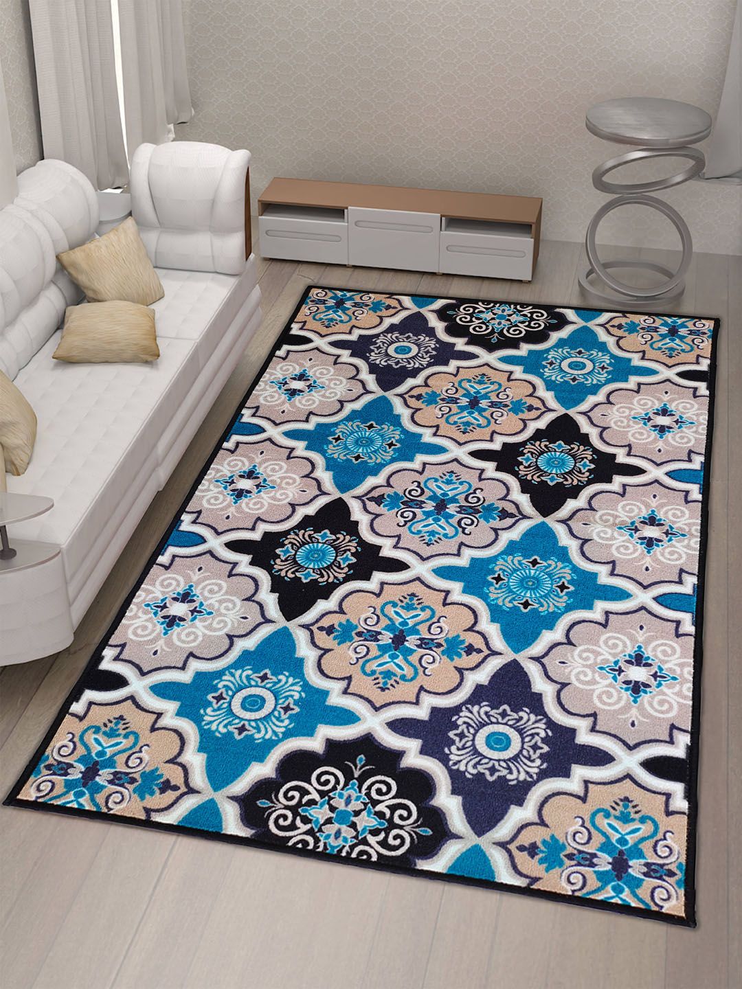 Athom Living Beige & Blue Ethnic Motifs Printed Anti-Skid Carpet-picture-15