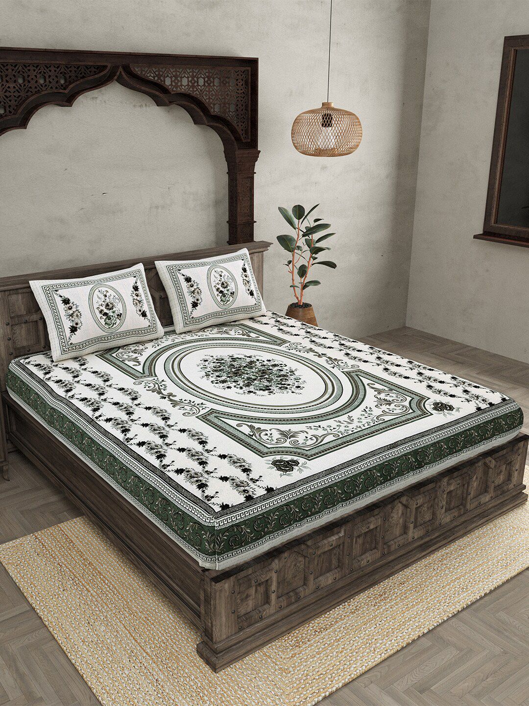 JAIPUR FABRIC Grey & White Ethnic Motifs Cotton 210 TC Queen Bedsheet with 2 Pillow Covers-picture-21