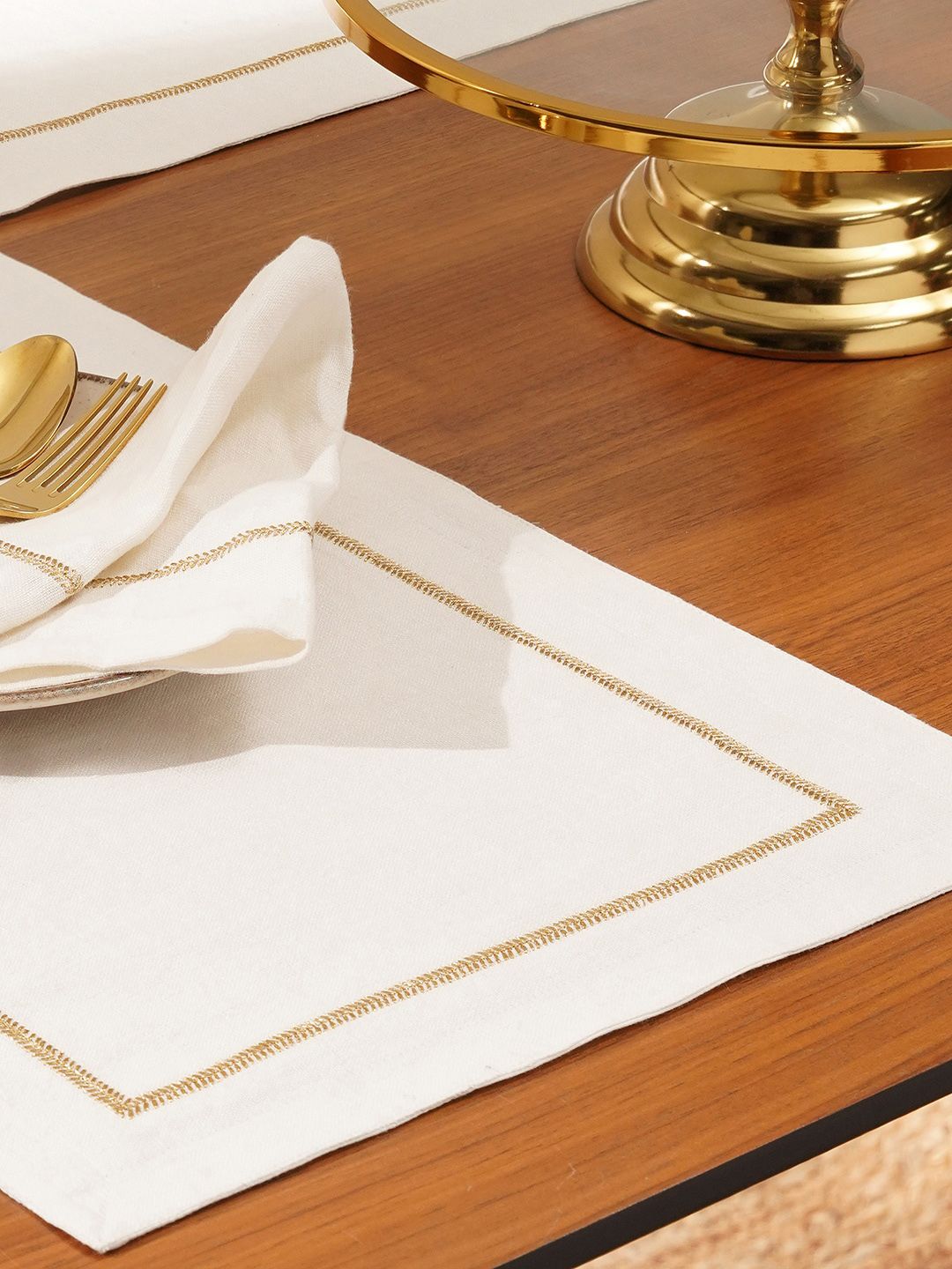Pure Home and Living 2 Piece Off White Linen Zari Embroidered Table Placemats-picture-12