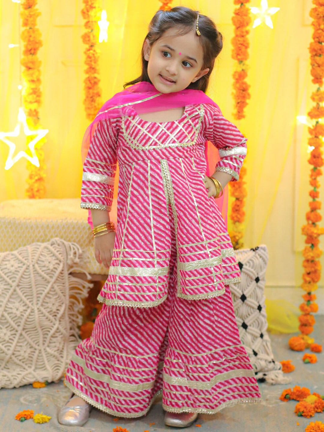 BownBee Girls Leheriya Printed Empire Gotta Patti Pure Cotton Kurta with Sharara & Dupatta-picture-25
