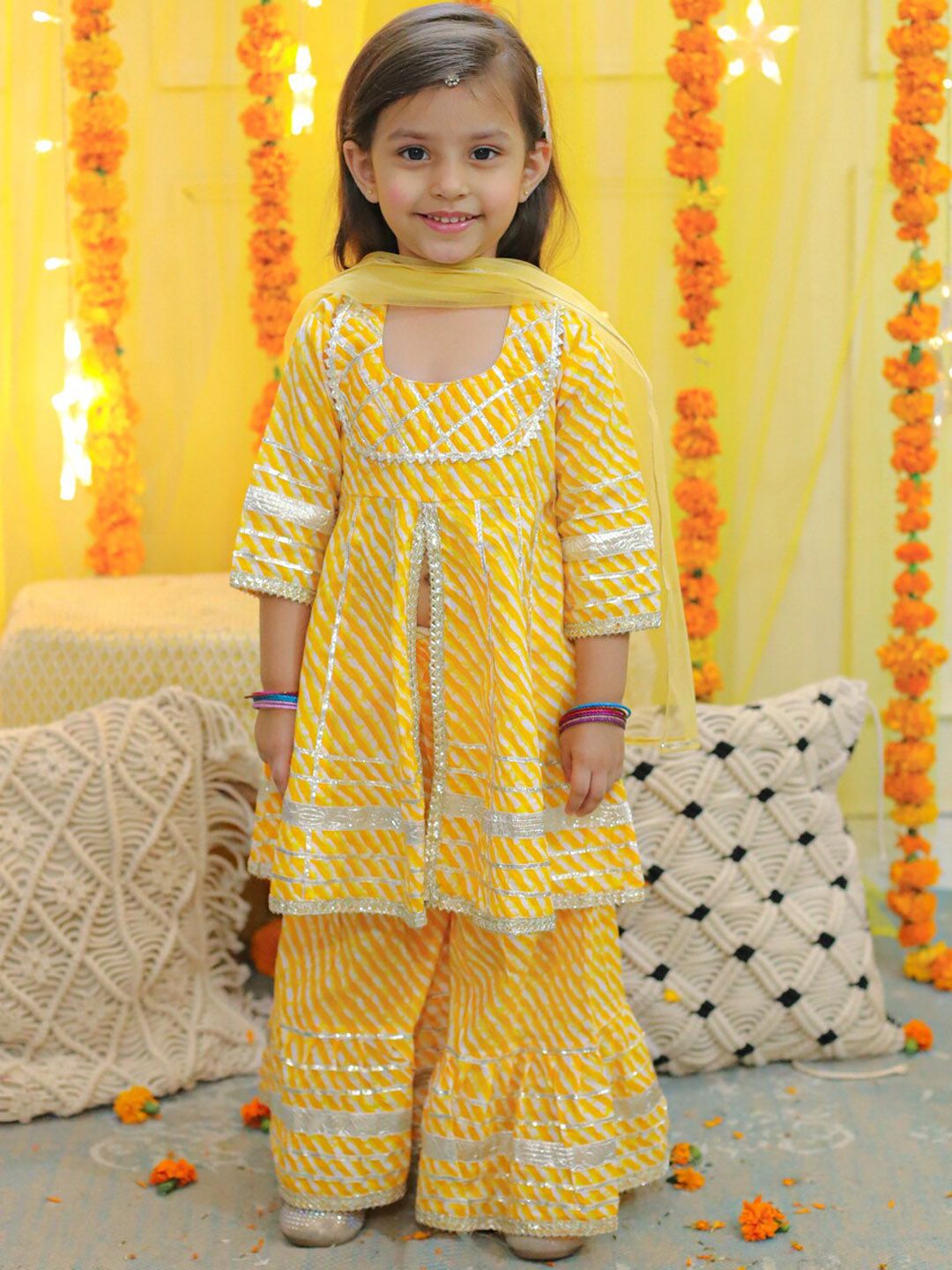 BownBee Girls Leheriya Printed Gotta Patti Pure Cotton A-Line Kurta with Sharara & Dupatta-picture-13
