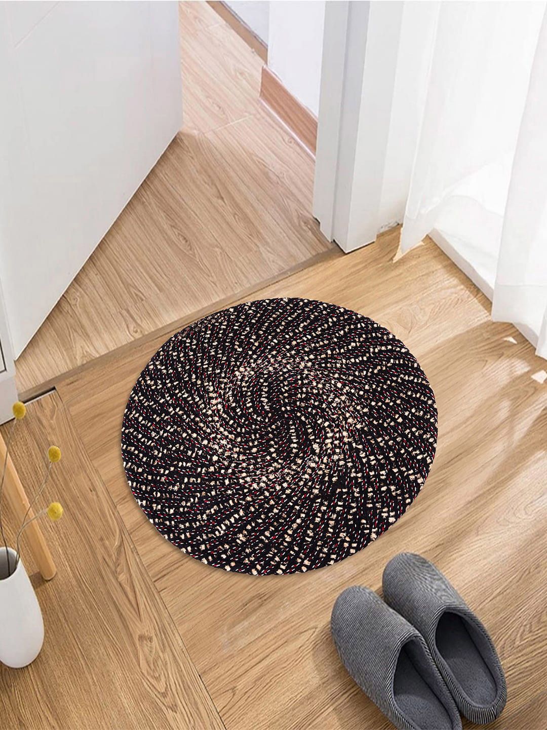 Kuber Industries Blue & Black 2 Pieces Woven Design Round Shape Cotton Reversible Doormats-picture-19
