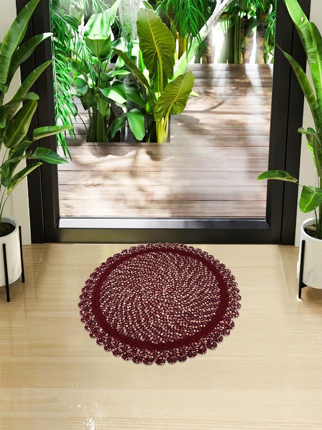 Kuber Industries Maroon Woven Design Cotton Reversible Round Doormat-image-4