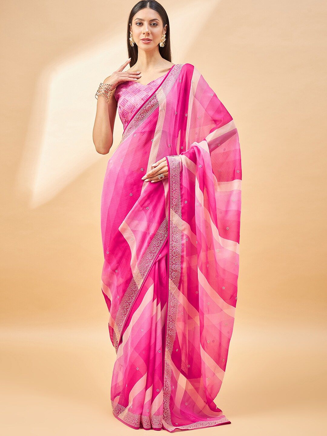 Anouk Pink & Cream-Coloured Striped Embroidered Pure Chiffon Saree