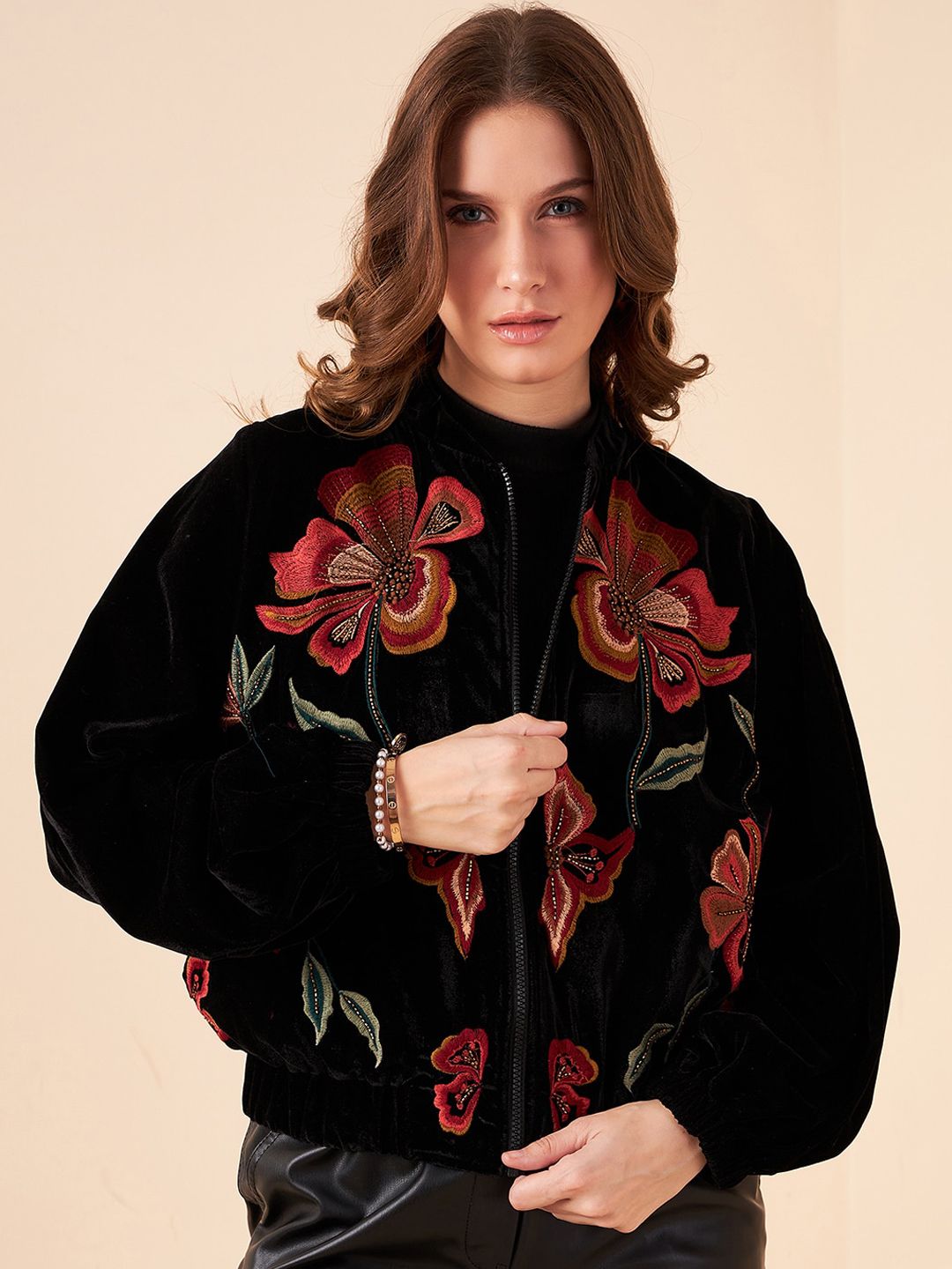 Antheaa Black Floral Embroidered Mock Collar Velvet Tailored Jacket