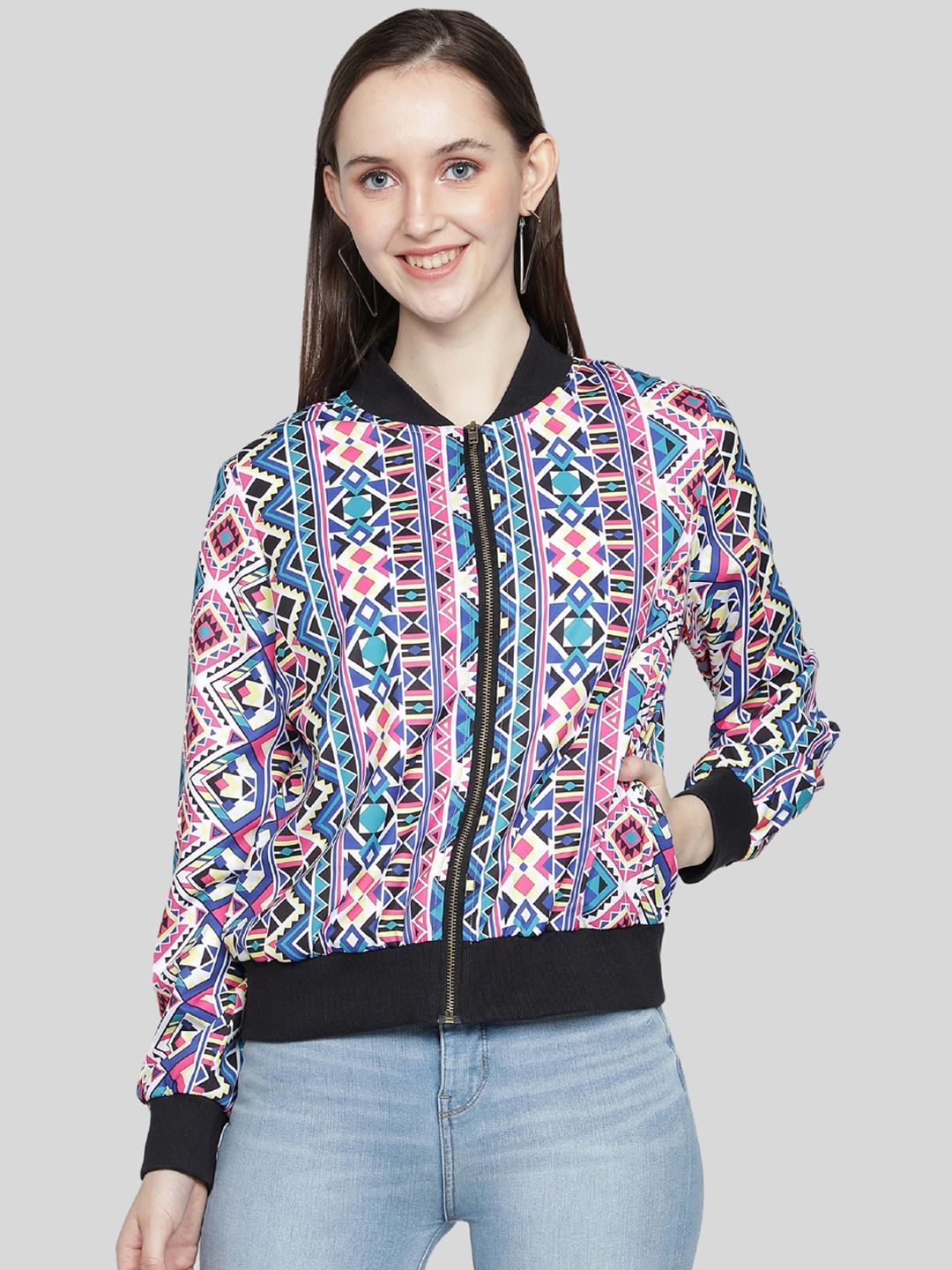 NUEVOSDAMAS Geometric Printed Stand Collar Bomber Jacket-picture-13