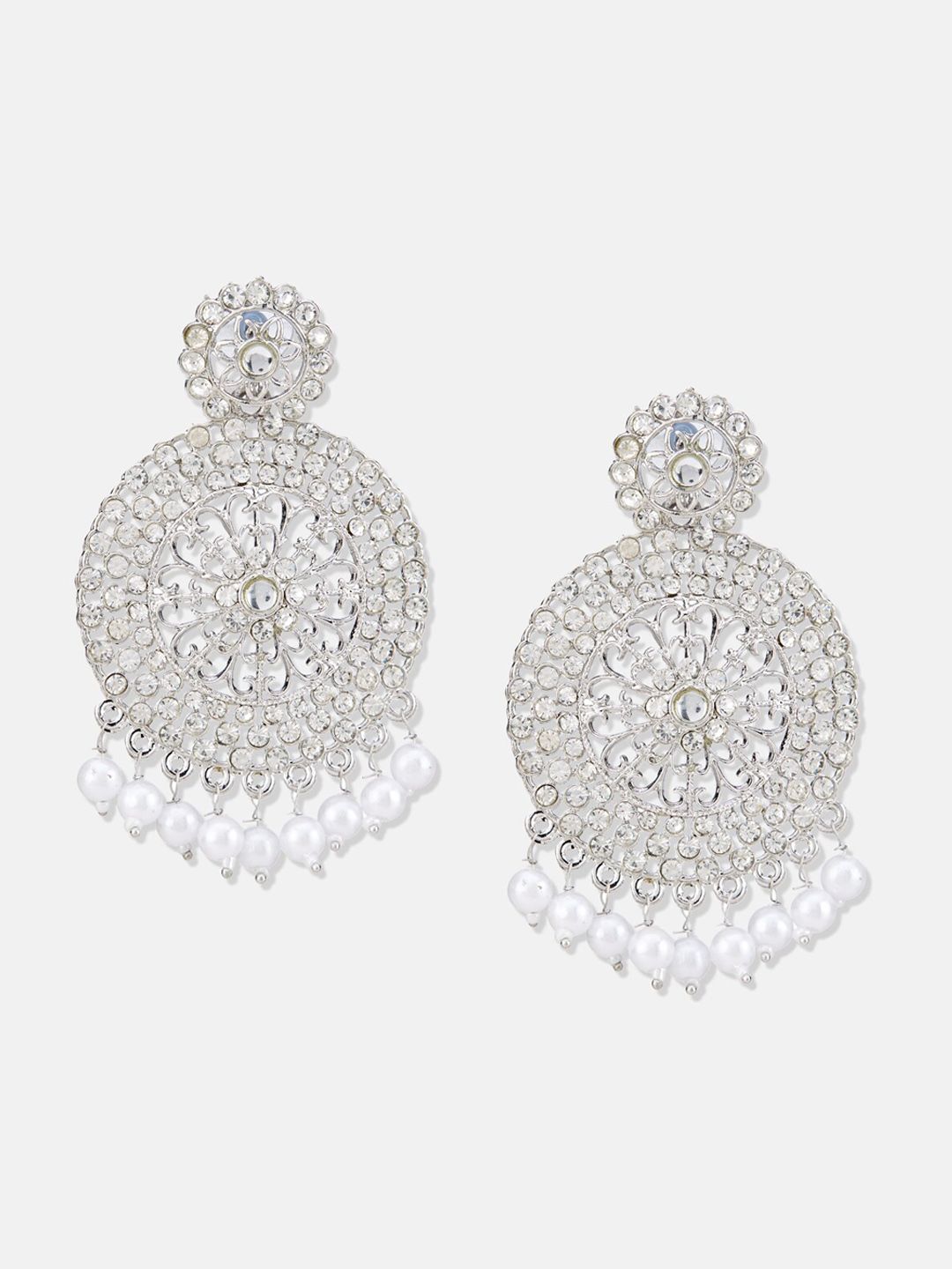 ATIBELLE Silver-Plated Studded And Beaded Contemporary Chandbalis