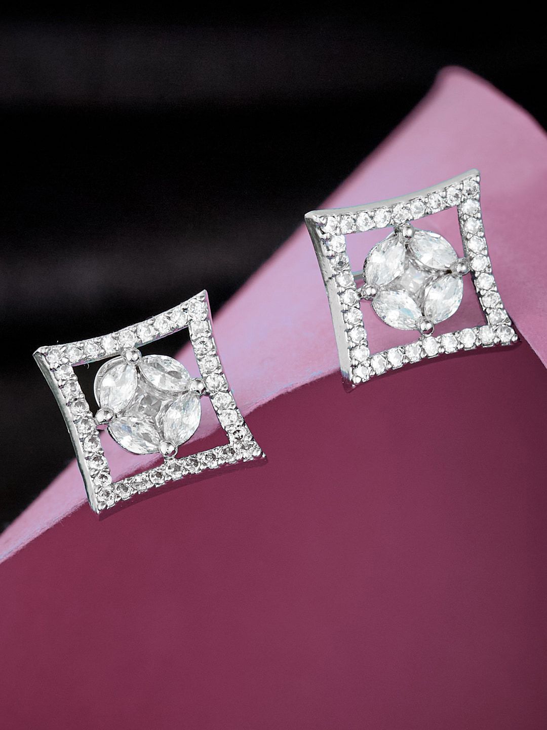 ATIBELLE Silver-Plated Cubic Zirconia-Studded Square Shaped Studs Earrings