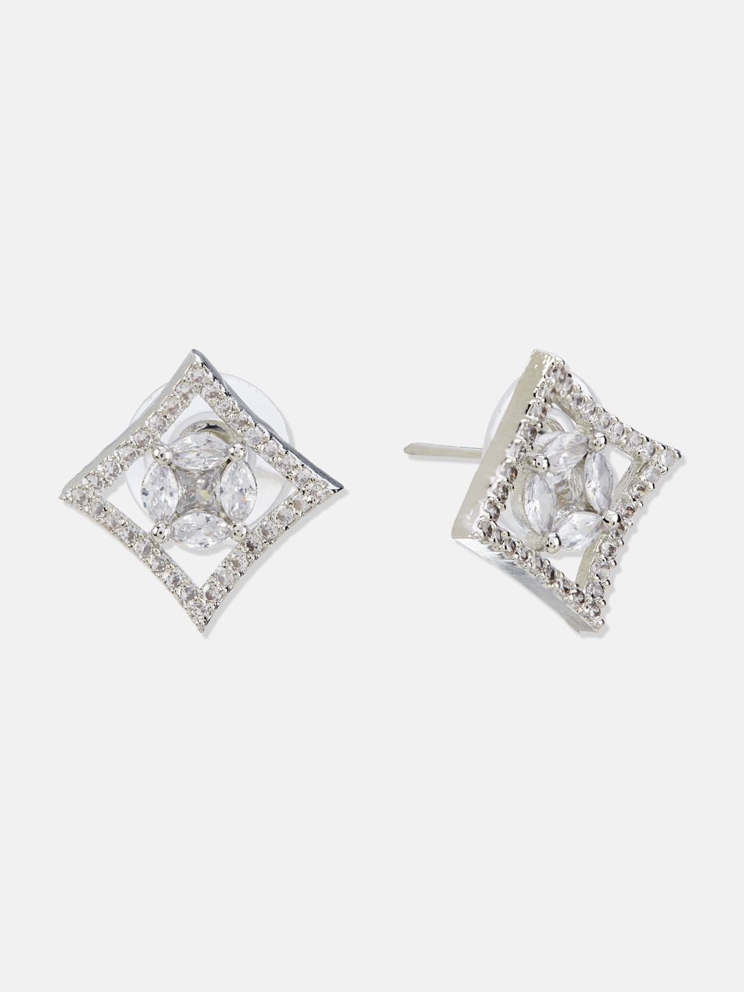 ATIBELLE Silver-Plated Cubic Zirconia-Studded Square Shaped Studs Earrings