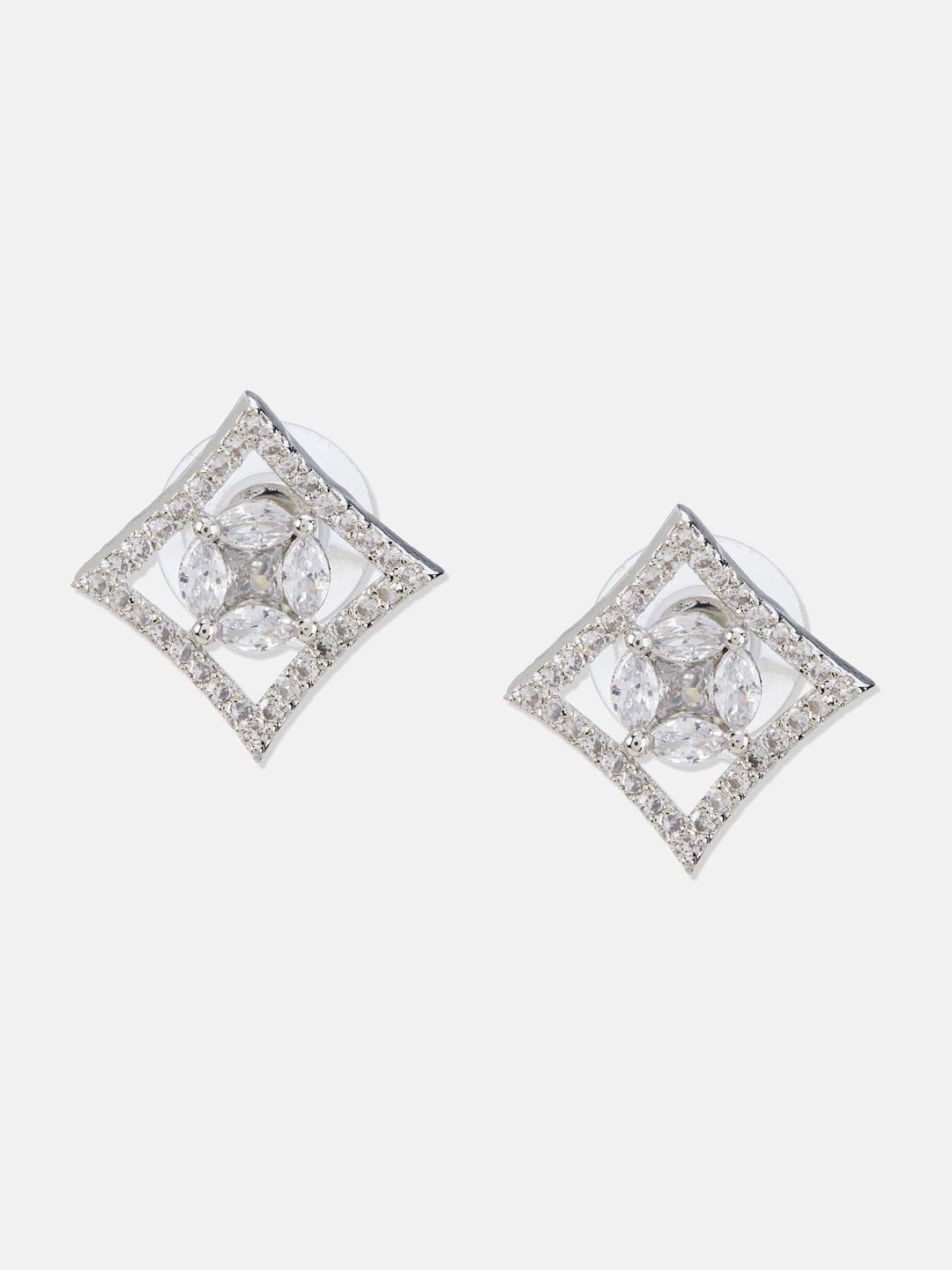 ATIBELLE Silver-Plated Cubic Zirconia-Studded Square Shaped Studs Earrings