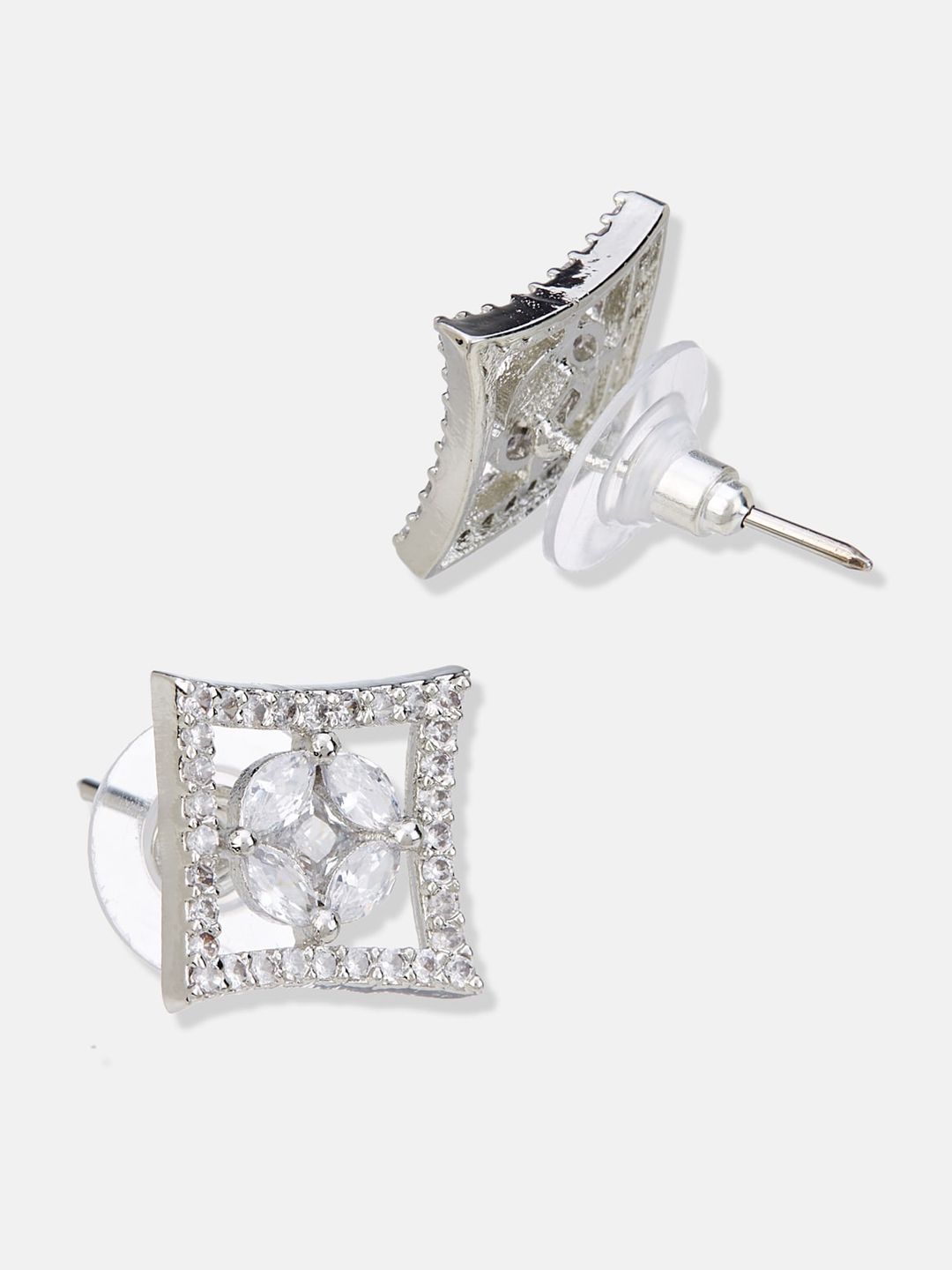 ATIBELLE Silver-Plated Cubic Zirconia-Studded Square Shaped Studs Earrings