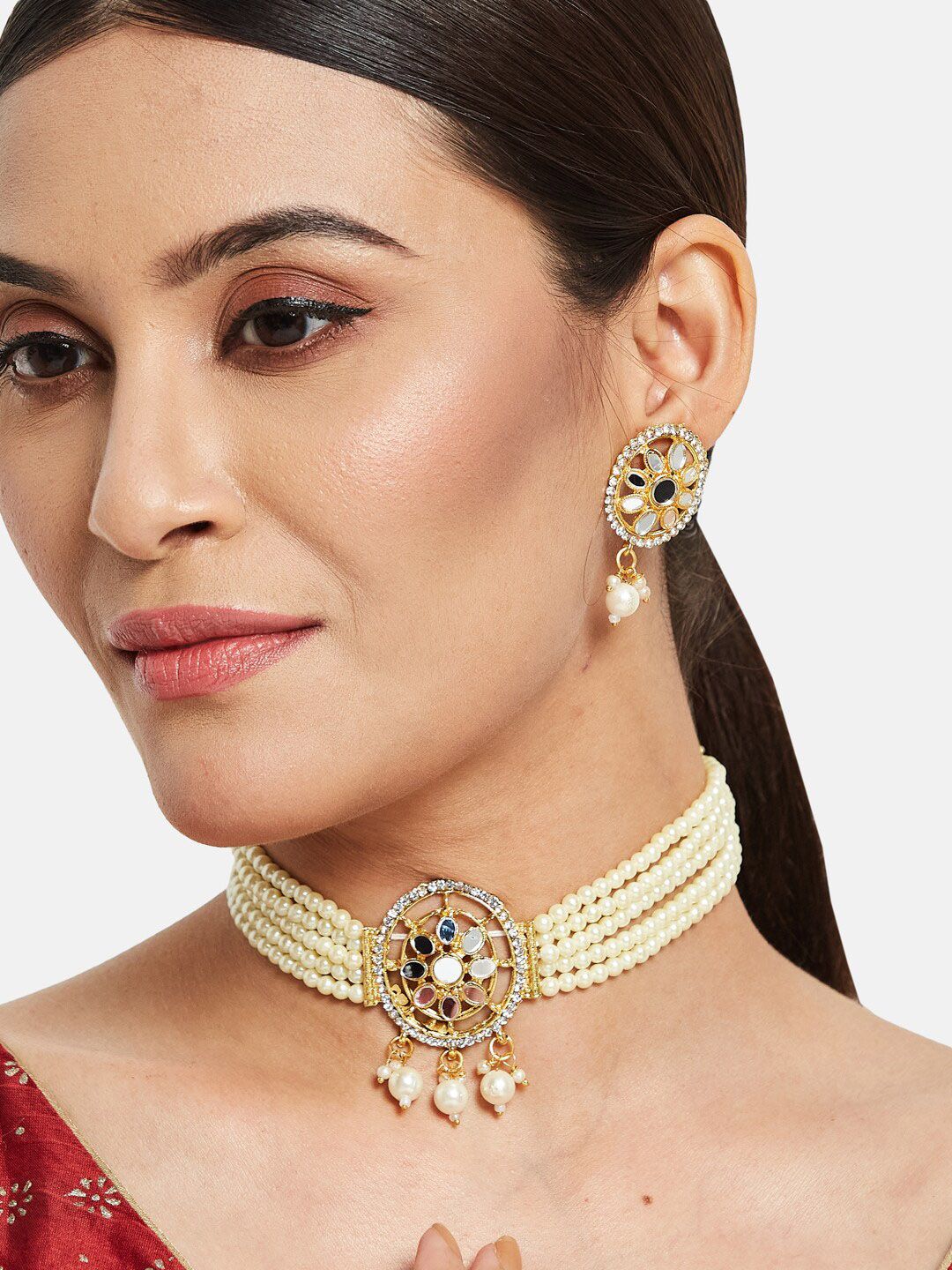ATIBELLE Gold-Plated Pearl Studded & Beaded Jewellery Set